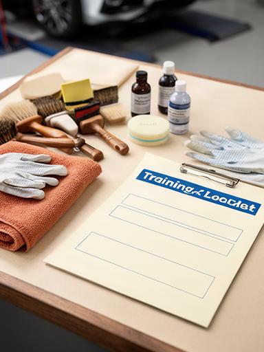 ディテーリング用品と講習用チェックシートを作業台に並べた様子
