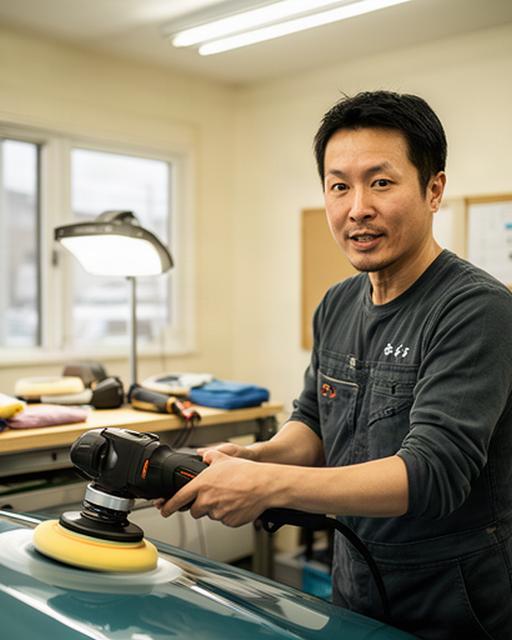 千葉の施工室でポリッシャーを手に説明する日本人講師