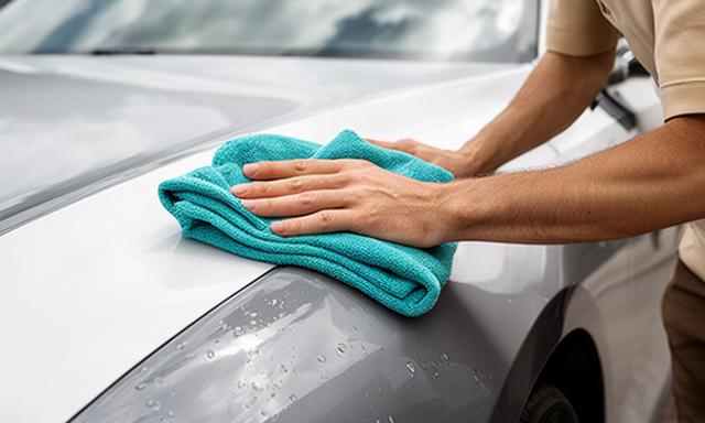 屋外でセラミックコーティング施工車のボディを柔らかいクロスで確認する様子