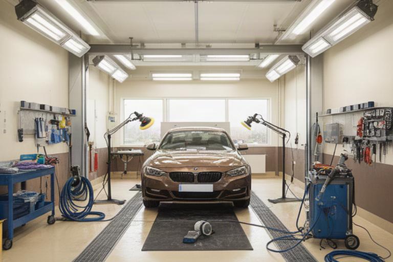 作業灯と高圧洗浄機を備えた自動車ディテーリング実習ブース